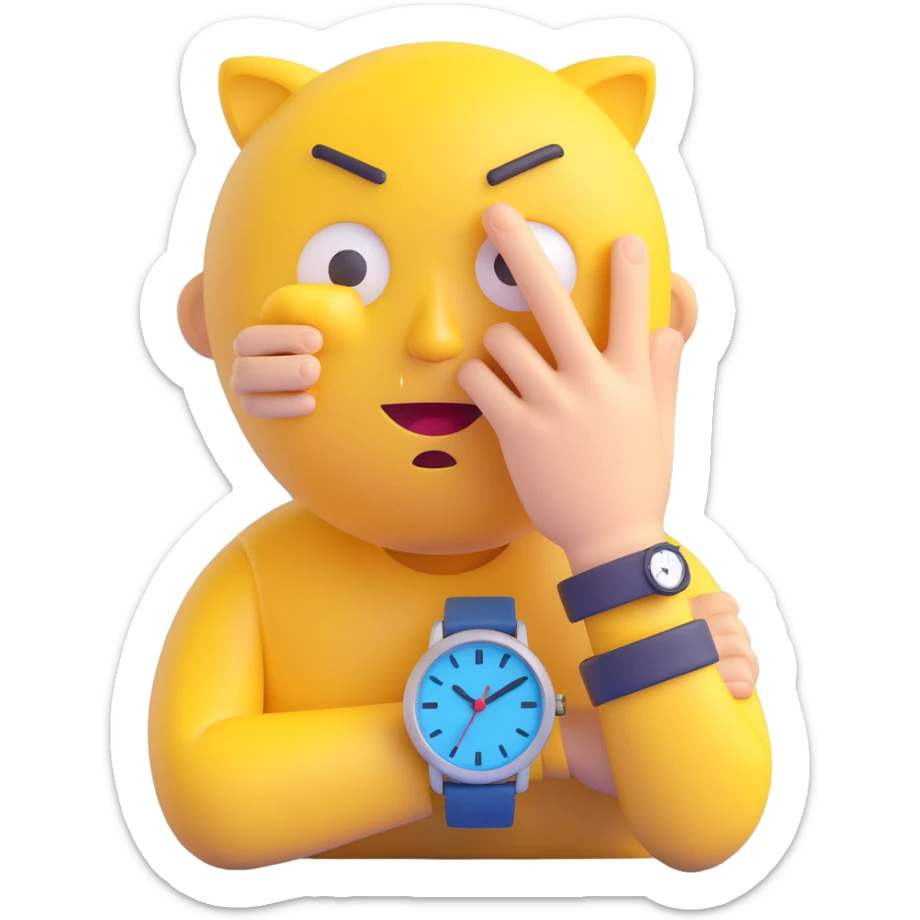A yellow emoji face with a worried expression, looking at a wristwatch with raised eyebrows, showing urgency and stress sticker