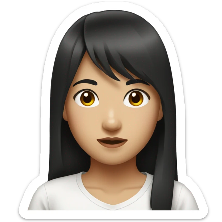 Asian girl in a white t-shirt with dark long hair deep brown eyes bangs sticker