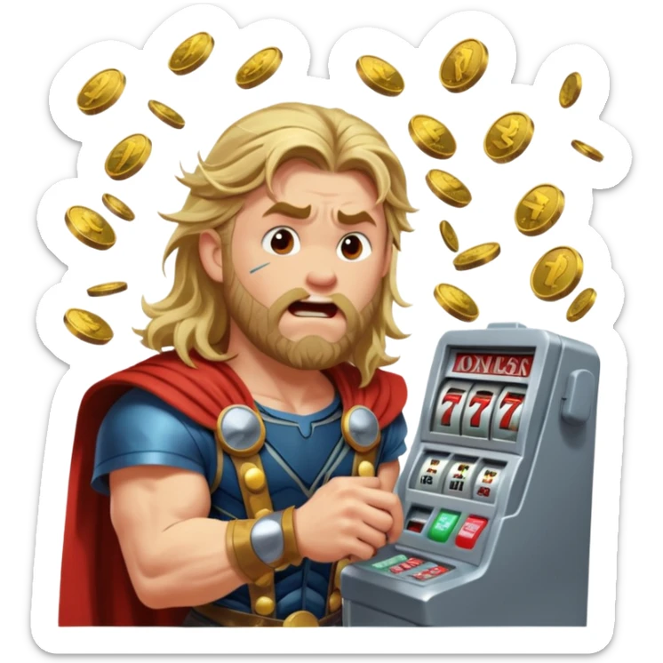 disheveled Thor losing money at a slot machine, panicked face, coins flying sticker