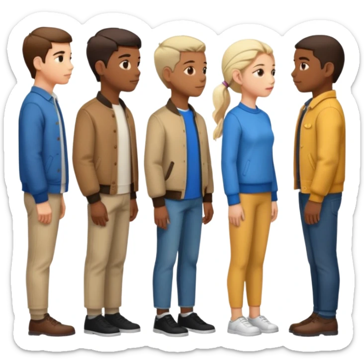 A line of 5 people standing in profile, one behind the other, all facing to the right sticker