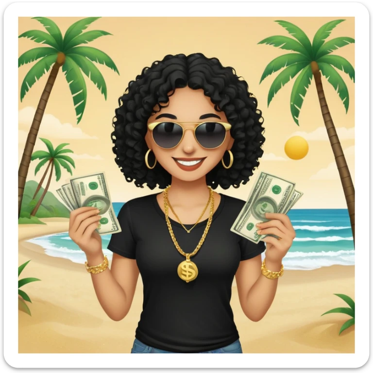 Mixed-race person with curly hair smiling, wearing black t-shirt, necklace and sunglasses, holding dollar bills in both hands, at beach with palm trees sticker