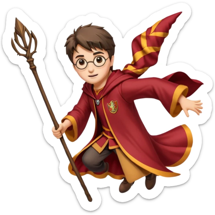 Cartoon-style illustration of Harry Potter flying on a broomstick, Gryffindor red and gold outfit, expressive face, dynamic motion, magical vibe, smooth shading, vibrant colors, no background, transparent background, isolated character. sticker