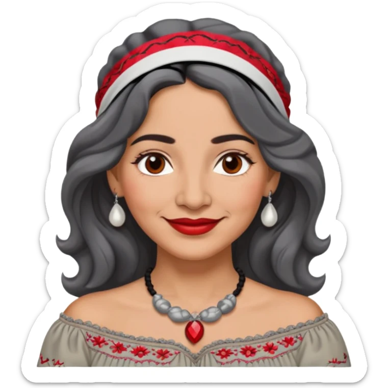 Latina woman, 50 years old, warm light brown skin, round face, wavy black and gray hair, red and white headband, medium eyes, thin eyebrows, kind smile, gray peasant blouse, embroidery, bare shoulders, large dark necklace sticker