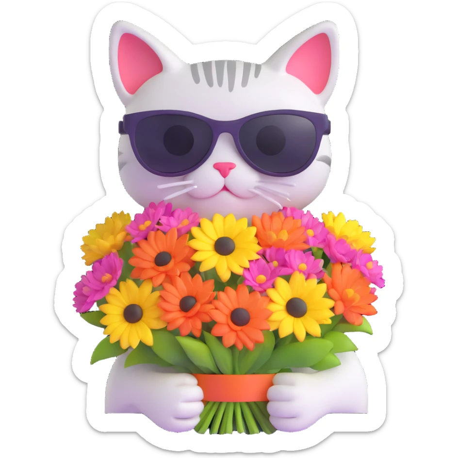 cat wearing sunglasses holding a bouquet of flowers sticker