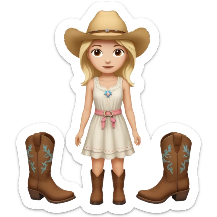 Please give me the woman standing emoji with a peach skin tone, medium length blonde hair, and dark brown eyes. Please make her wear a white sundress and brown cowgirl boots sticker