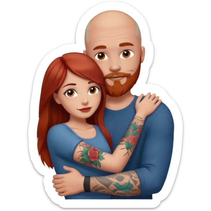 The girl has no tattoo, long brown haired, brown eyed pretty girl, hugging a strong guy that is bald with a red beard and a sleeve of tattoos in jail sticker