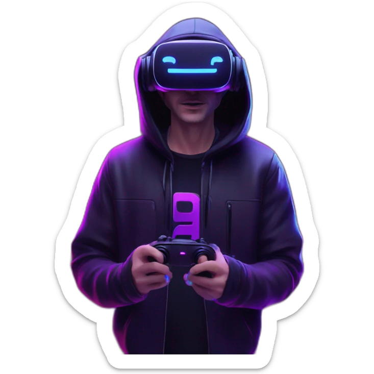 Russian man wearing a black hoodie with "OMG" letters on it and VR headset in a cyberpunk VR environment with violet neon lighting. sticker