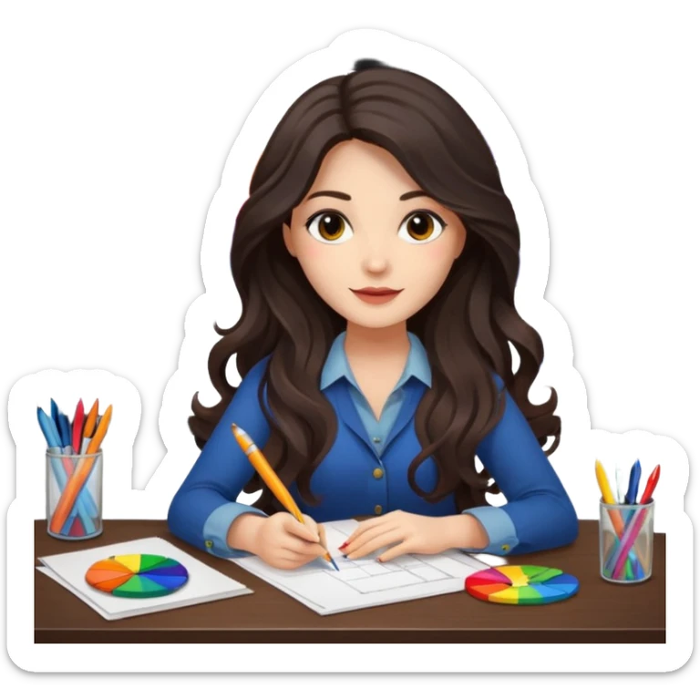 female dark wavy long hair graphic designer , color wheel, pens, papers , desktop sticker
