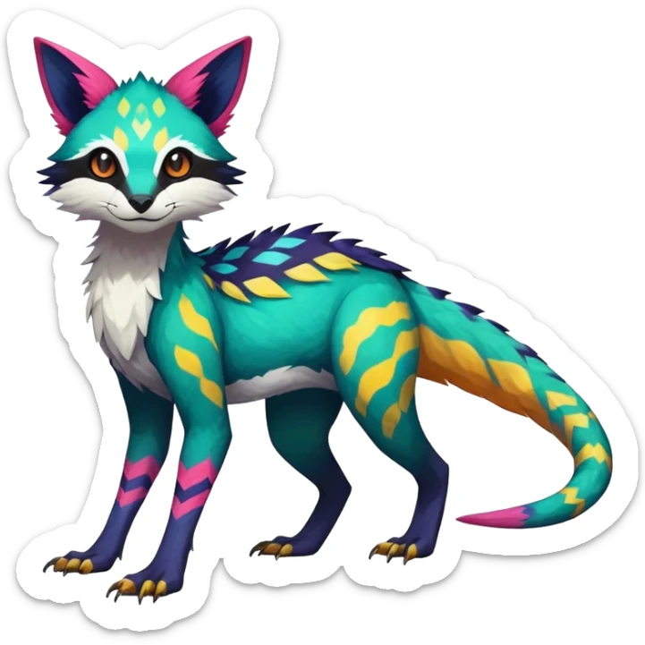 Rare realistic exotic edgy epic pretty beautiful handsome gorgeous aesthetic colorful vibrant Vernid-Trico-species-Fakemon-creature by LiLaiRa, 4 legs, 1 tail, random markings, (full body) sticker
