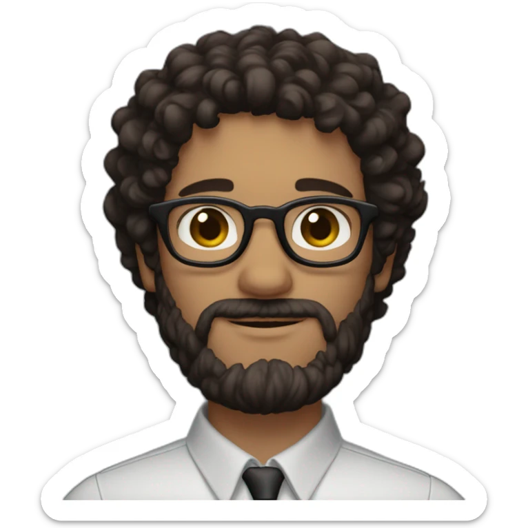 White man with brown eyes and dark curly hair with glasses and a beard wearing ario bros sticker