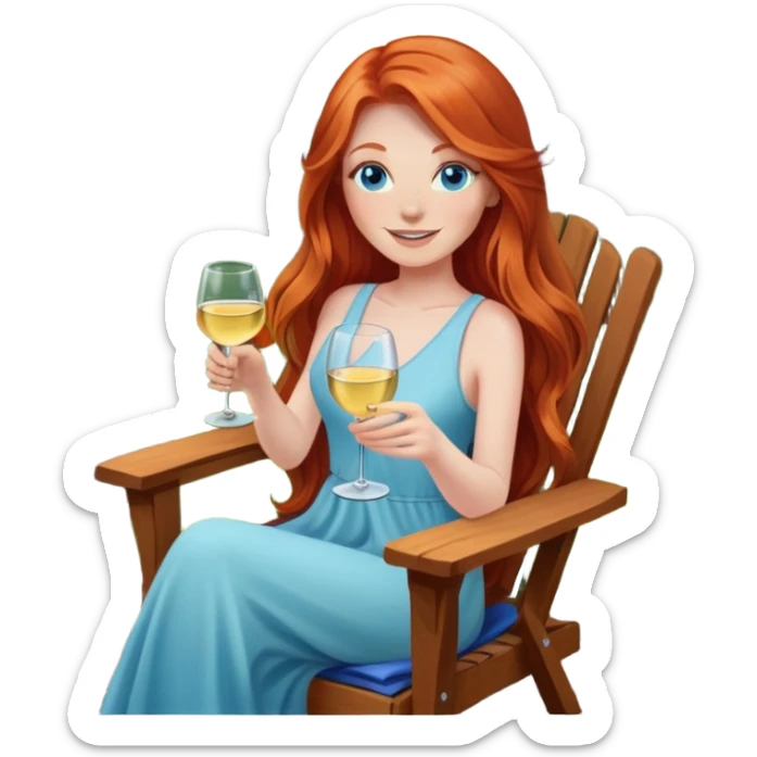 Happy redhead with long hair and blue eyes holding white wine sitting in chair beside fire pit in backyard sticker