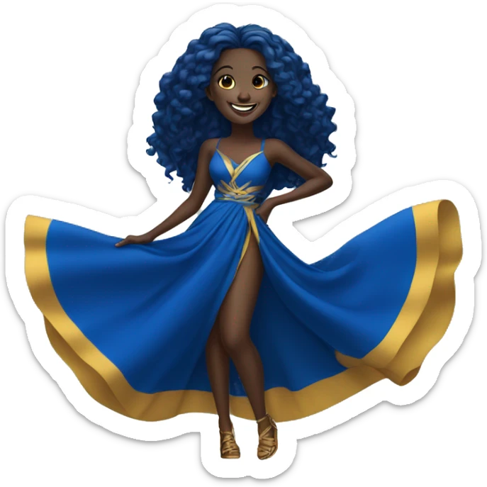1 laughing Black Girl with long straight royal  blue hair with yellow gold and royal blue dress sticker