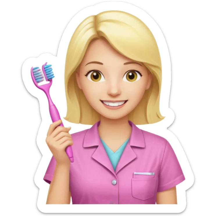 dentista mulher, loira, pele branca, camisa rosa, segurando uma escova de dentes amarela e sorrindo transmitindo verdade e confiança sticker