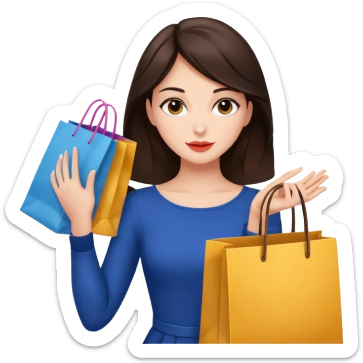 Glam brunette girl calmly choosing one premium shopping bag, giving a small approving nod — quality over quantity sticker
