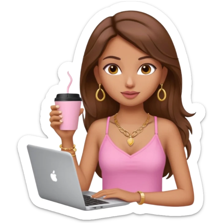 a pretty fair indian bratz girl with brown hair. with a pink cami top, drinking takeaway brown coffee, golden dainty necklace and carrying a white laptop sticker