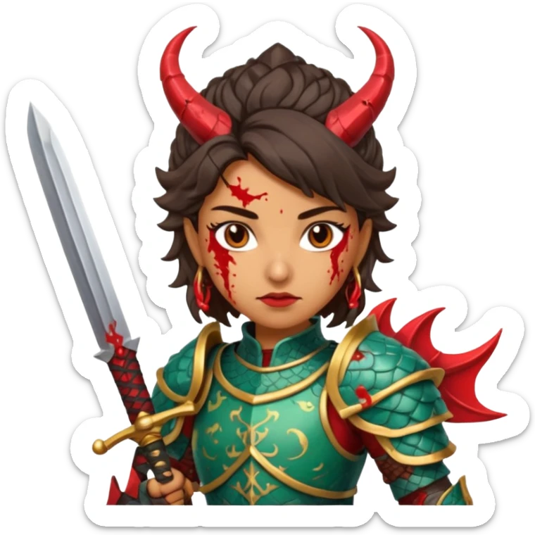 Fierce Latina in armor with a sword after a battle cutting off the head of a dragon sticker