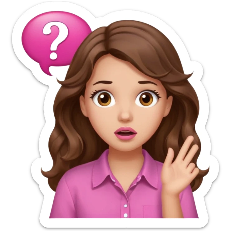 girl with long wavy brown hair, brown eyes, light to medium complexion, in a pink shirt, pink lips, long lashes, surprised, question mark speech bubble sticker