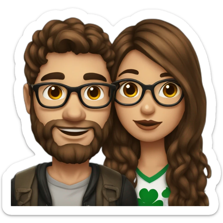 Brazilian long brown hair girl wearing glasses, kissing Irish dark shaved hair guy who has many tattoos sticker