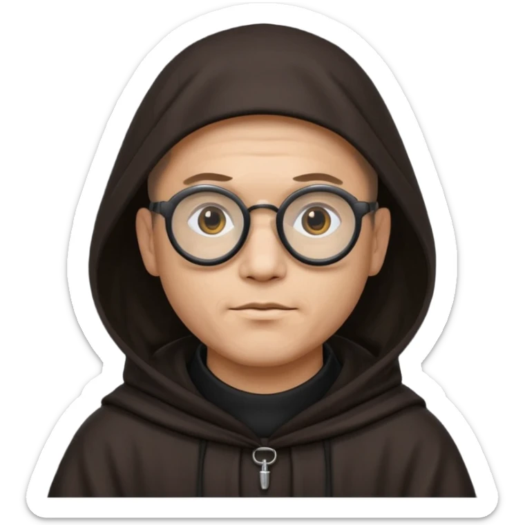 Monk priest prayer black habit with hood round black glasses done light brown wavy hair under hood  sticker