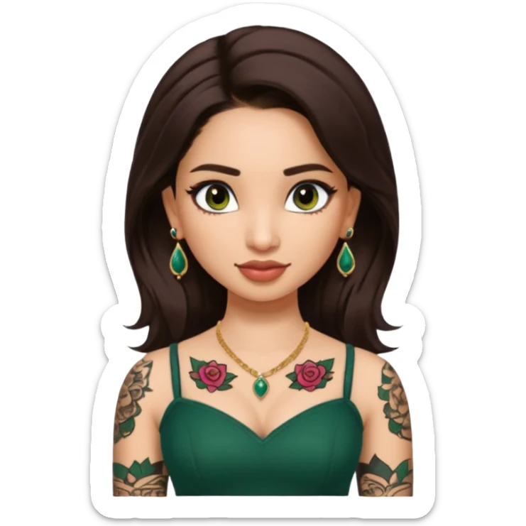 pretty bratz genmoji that looks like tamannah bhatia (bollywood actress), wearing a dark green sweetheart neckline top, dark brown hair, light makeup, no necklace, dangly earrings, side hair part, dark brown eyes, with full tattoos and neck tattoo big sticker