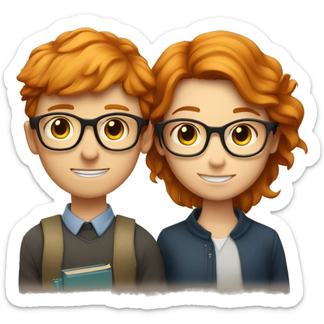 a ginger girl and a BRUNETTE boy, both with glasses. they have books in front of them, learn sticker