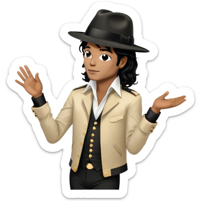 Icon for R&B Music: Michael Jackson in his iconic pose at the end of a song, head tilted, holding his black fedora with one hand. He stands in profile, embodying the smooth and soulful energy of R&B. Musical notes surround him. Transparent background. sticker