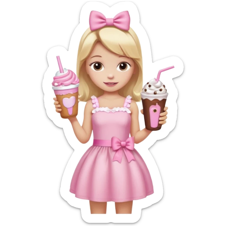 A little girl with a Dunkin' milkshake and a donut with pink frosting and marshmallows, wearing a pink coquette-style dress with bows and blonde hair. sticker