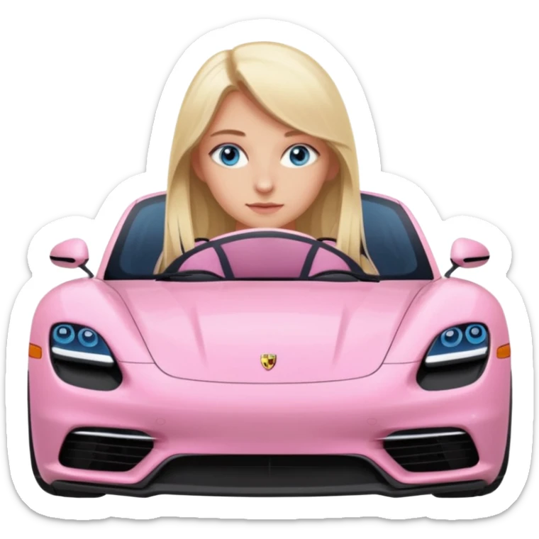 pink Porsche taycan with blonde girl, long hair, blue eyes, sitting in the car, front view point of view, no sunglasses sticker