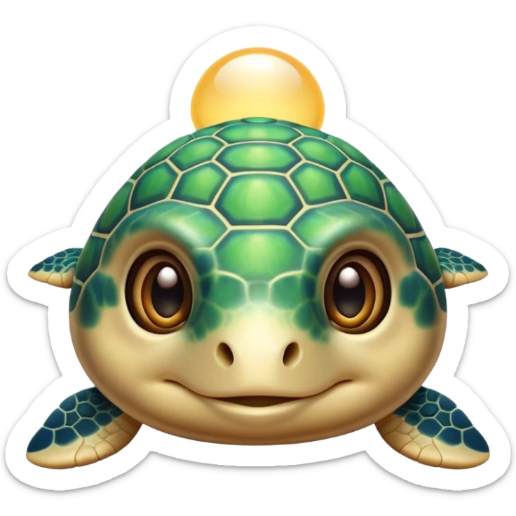 Cinematic Cute Sea Turtle Portrait Emoji, Head tilted playfully and inquisitively, featuring a charming, compact form with a beautifully patterned, domed shell and gentle, sparkling eyes full of oceanic wonder, Simplified yet irresistibly adorable features, highly detailed, glowing with a warm, friendly sea glow, high shine, affectionate and lively, stylized with a touch of whimsical marine charm, soft glowing outline, capturing the essence of a mischievous yet loving sea turtle that seems as if it could swim out of the screen into your arms! sticker