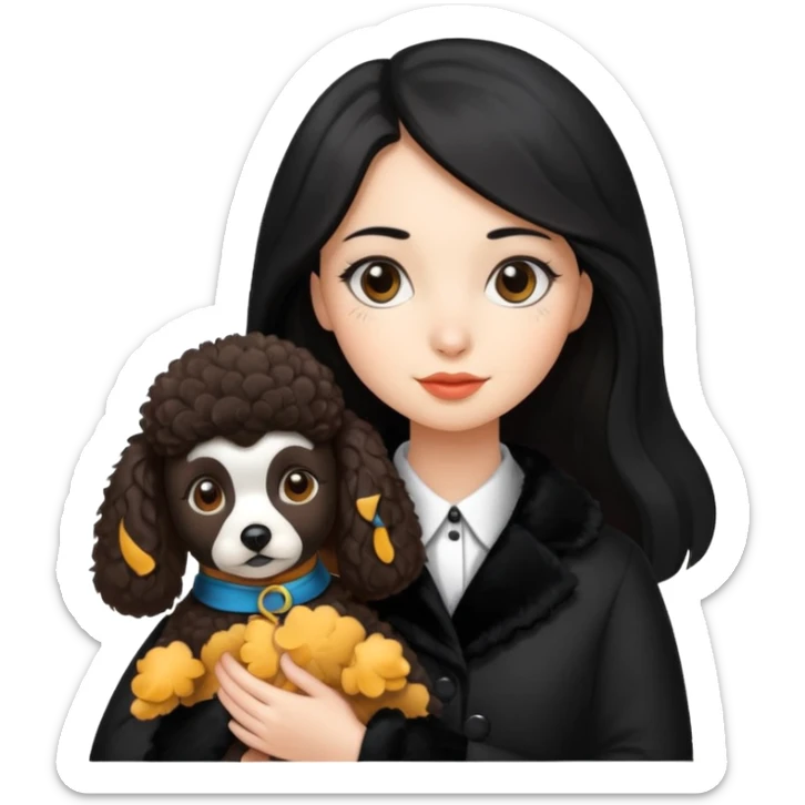A girl who has long hair and looks like a penguin holds a brown poodle sticker