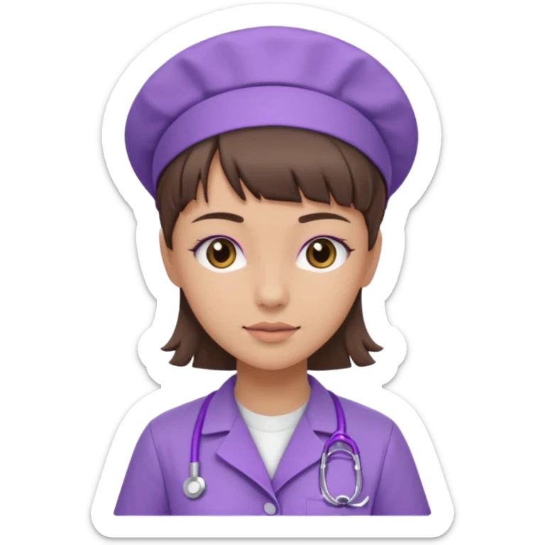 A young female slim nurse with short Brown hair with fringe over her forehead, wearing larvendar purple working cloth sticker