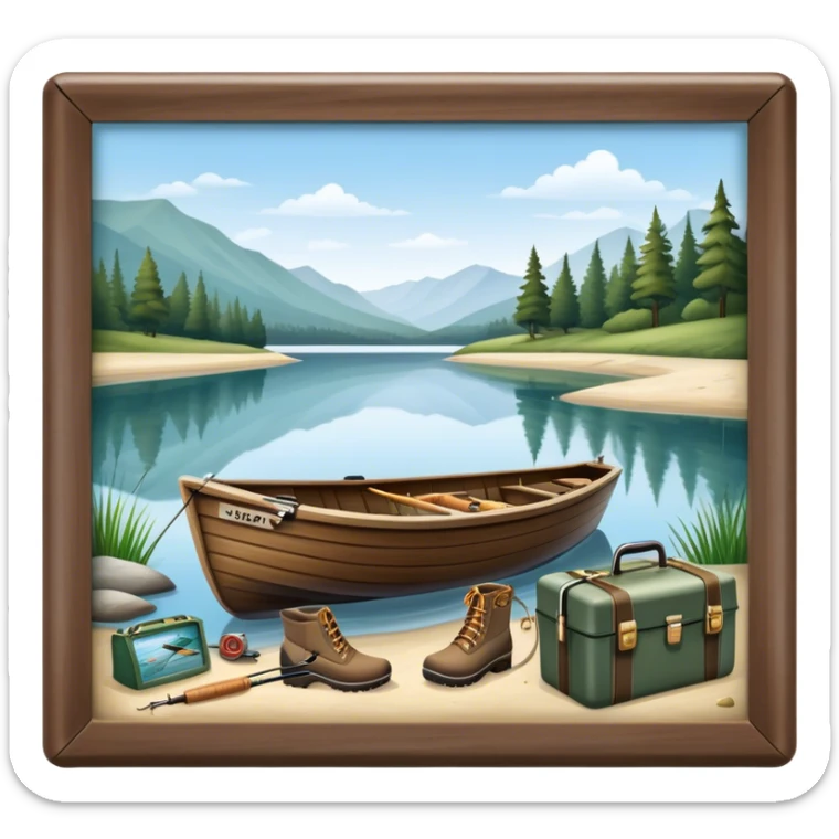 Icon for Fishing: a boat on the shore of a peaceful water body with a beautiful natural landscape, a fishing tackle box, a spinning rod, and boots nearby. The icon should capture the tranquility and gear of a fishing adventure. Transparent background. sticker