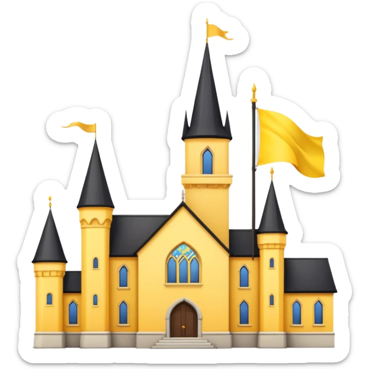 white background, magic school, black roof, with a big flag, big flag on a roof, big yellow flag, white school sticker