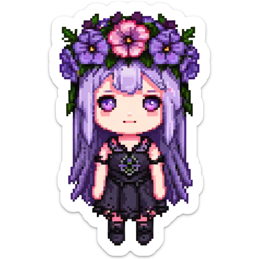 gothic flower crown, mix of black, pink, and purple flowers, cute and chibi, small size, simple details sticker