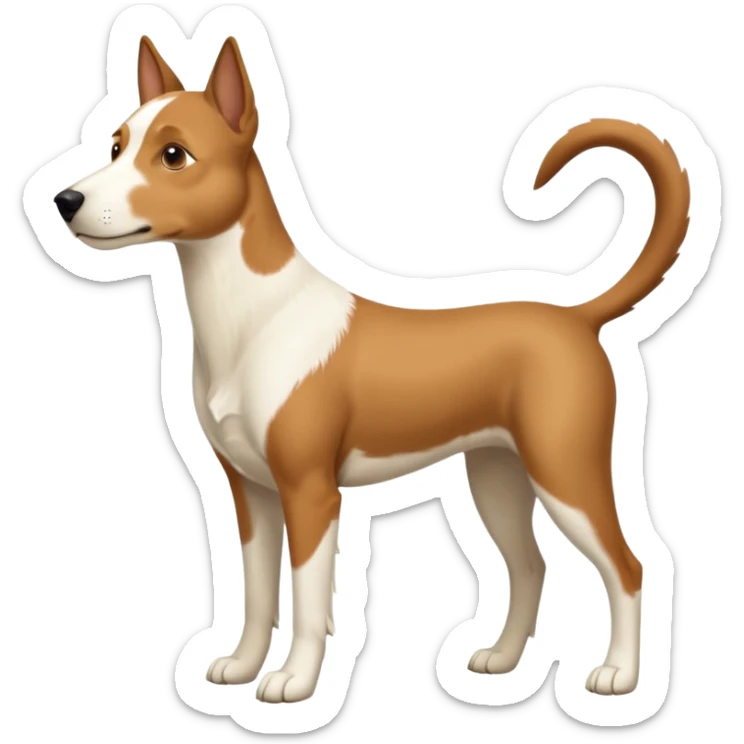 a full body white parsel russell looking dog the size of a kelpie with light brown ears and a light brown patch on one eye and a large snout sticker
