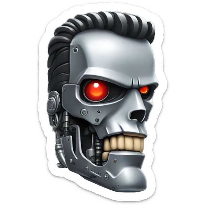 Emoji of a Terminator T-800, looking straight, 2d animation, red eyes, made of metal,  sticker