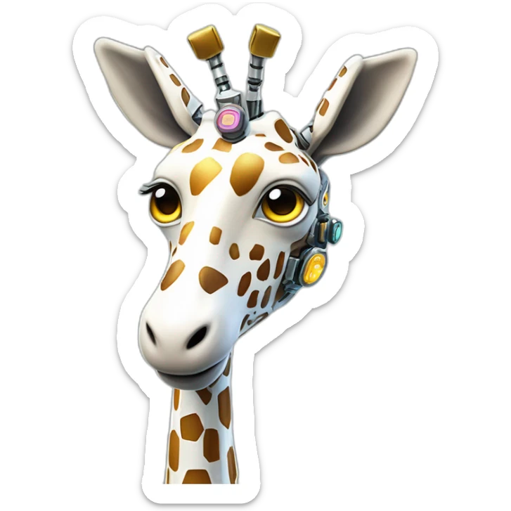 Una girafa robotica con patrones de circuitos brillantes en su piel, piernas con juntas móviles y piezas de metal relucientes sticker