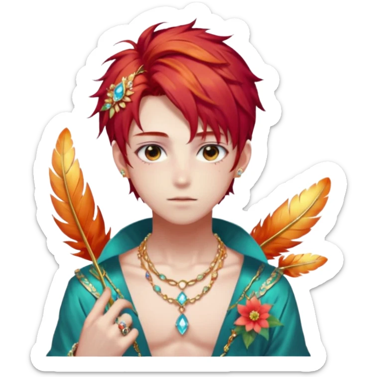 Beautiful gorgeous anime boy with beautiful fiery-special-hair, fashion aesthetic, ethereal, fairycore, pastelcore, feather, flower, gems, accessories, jewelries, gold, colorful sticker