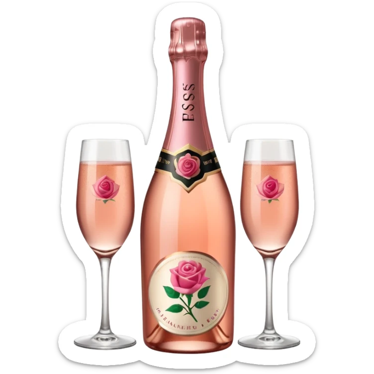 bottle of sparkling rose champagne tilted up and to the right, with a rose logo, no glass sticker