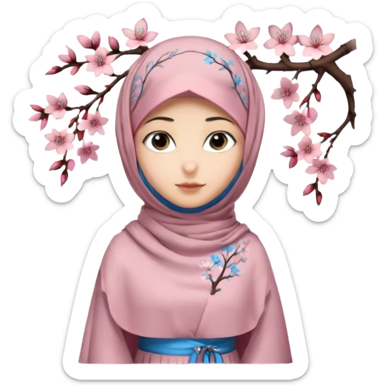 Turkish beautiful finish Konya girl blue eyes with hijab and long tail cherry blossom design dress sticker