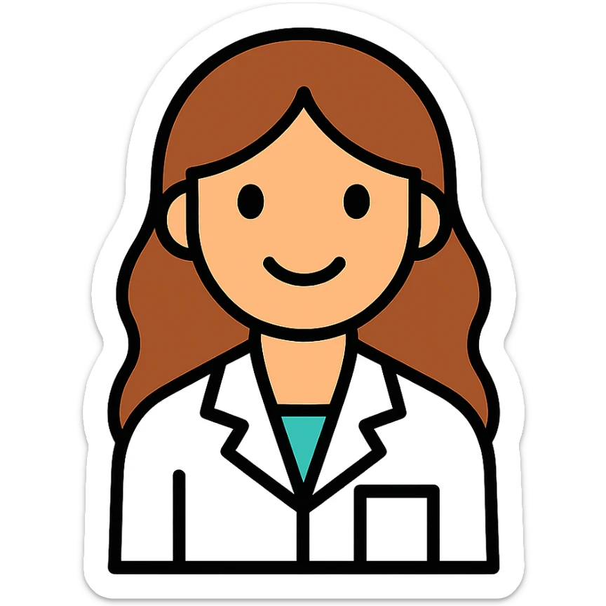 young woman, brown long wavy hair, medical white clothes, friendly, front view, smiling sticker