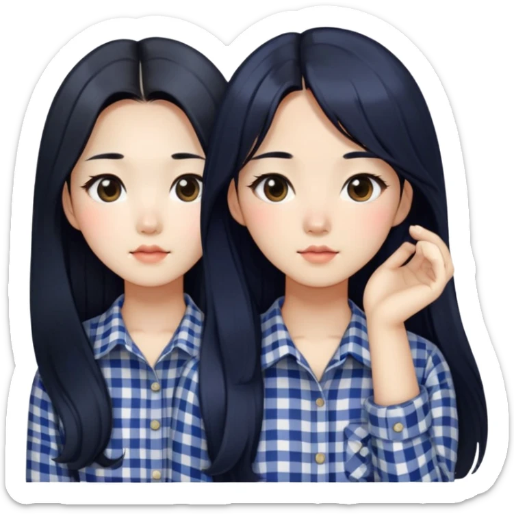 beautician, pretty korean girl with black long hair wearing navy check shirts, long face sticker