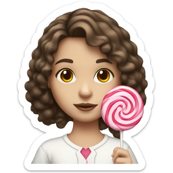 White pale young girl with fluffy brunette hair and brown eyes holding a lollipop  sticker