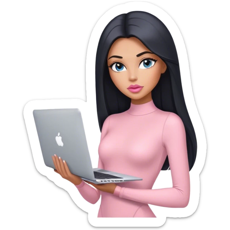 Glamours, tanned, very beautiful girl, with big pump peach-beige-rose lips, black straight smooth silky long hair, straight parting, blue-grey eyes, in light-pink bodysuit holding MacBook sticker