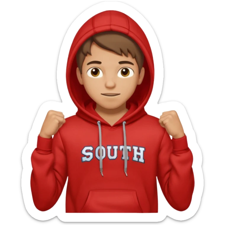 make me an emoji of an americain 19 yearold boy in a red hoodie that says "south" on it and give him with tan skin with his hands in his hands in his pocket wth a small smile flexing his muscles sticker