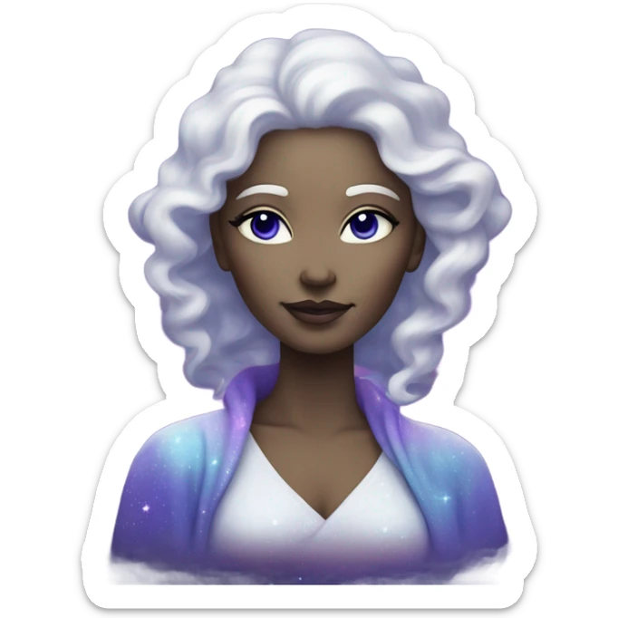 white skinned mystical woman with sparkling galaxy hair with moon and stars in purple and blue shades sticker
