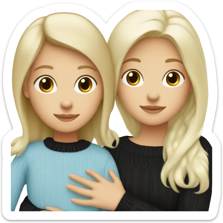 Blonde caucasian girl wearing light blue sweater ,hugging, black-haired Caucasiangirl wearing black sweater sticker