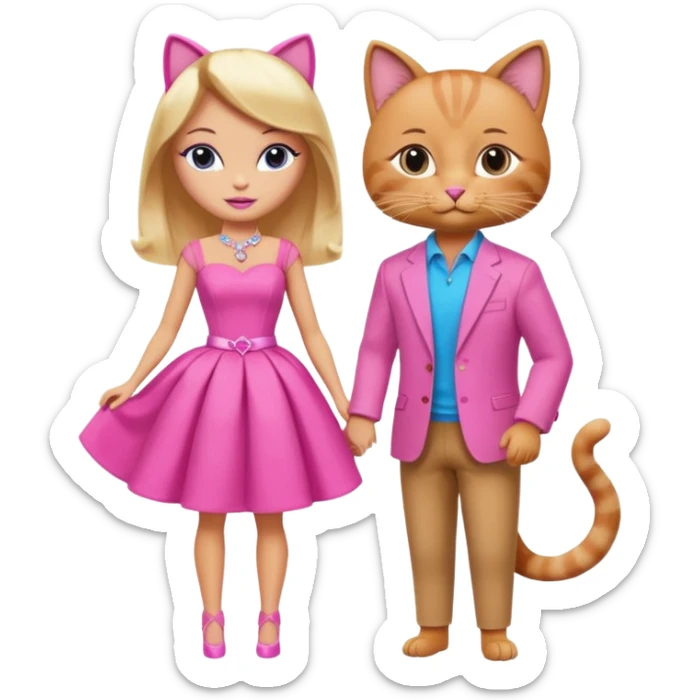 two cats together, one dressed as Barbie in pink, one as Ken in trendy clothes sticker