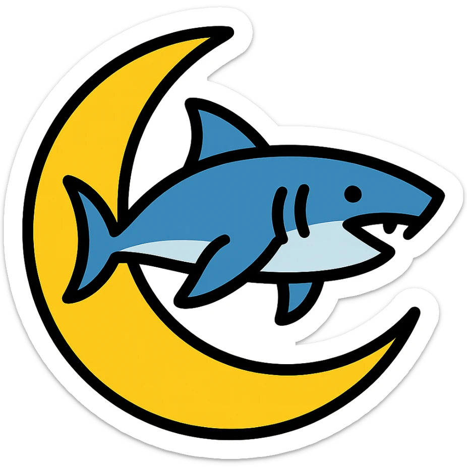Make the shark swimming across the moon, keep the color outline icon style sticker