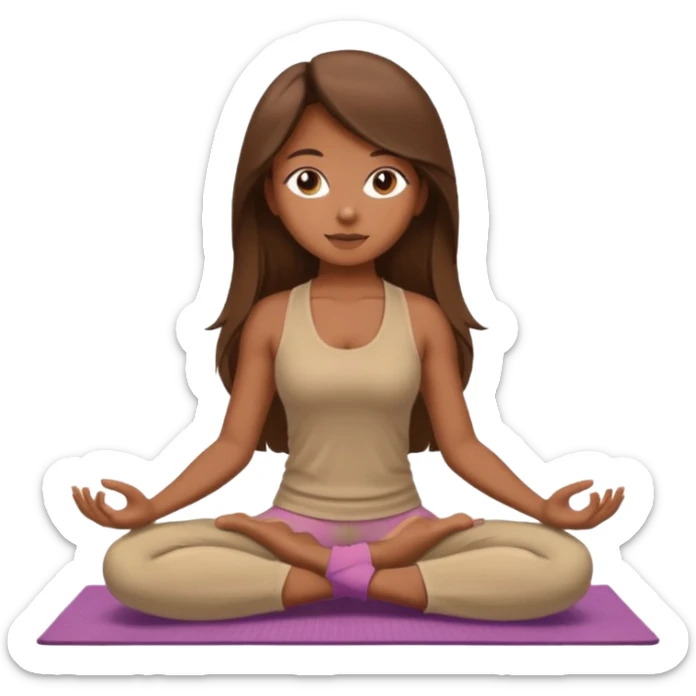Brown long hair girl sitting on a beige rug doing yoga, brown clothes sticker